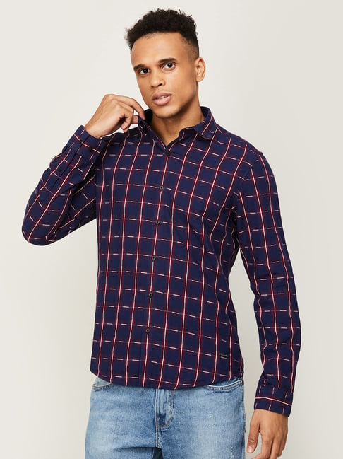 Bossini Navy Blue Cotton Regular Fit Checks Shirt