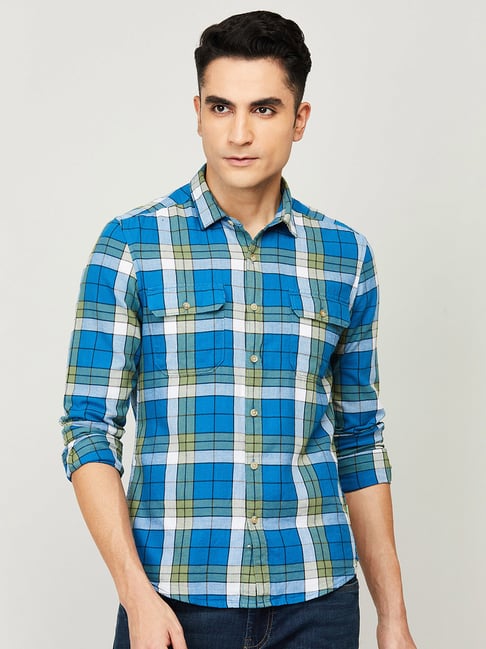 Bossini Blue Cotton Regular Fit Checks Shirt