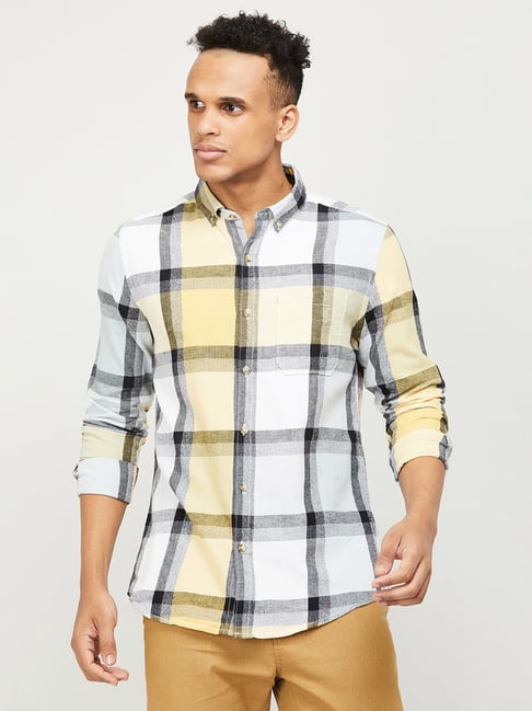 Bossini Yellow Cotton Regular Fit Checks Shirt