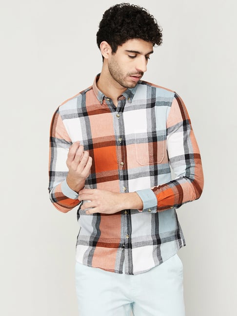 Bossini Rust Cotton Regular Fit Checks Shirt