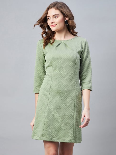 StyleStone Olive Jacquard Self Design A Line Dress Price in India