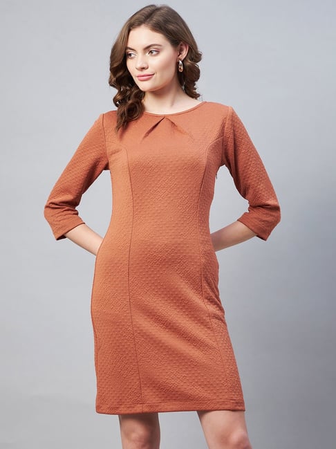 StyleStone Rust Jacquard Self Design A Line Dress Price in India