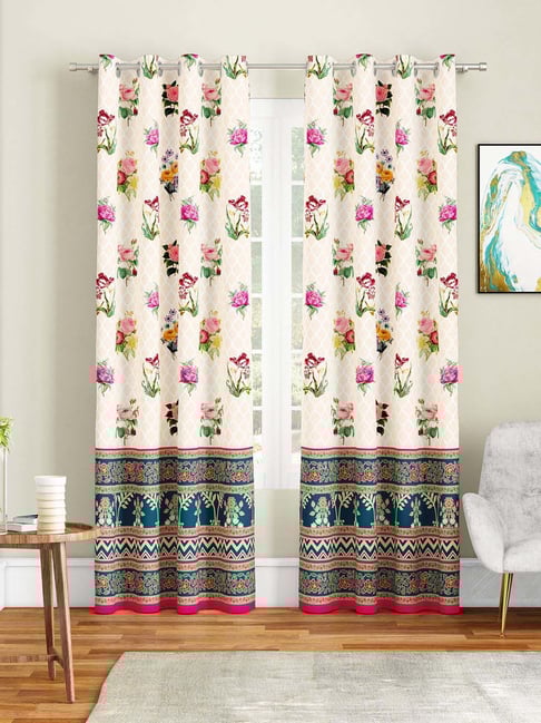 SEJ by Nisha Gupta Beige & Blue Polyester 9 Ft. Long Door Curtain - Set of 2
