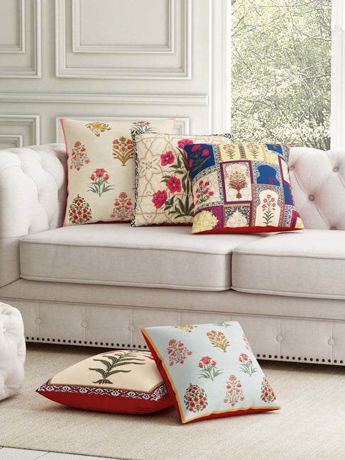 SEJ by Nisha Gupta Beige & Blue Polyester Cushion Cover - Set of 5