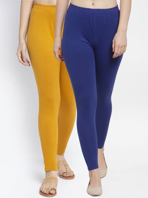 Gracit Blue & Mustard Mid Rise Leggings - Pack Of 2-picture-19