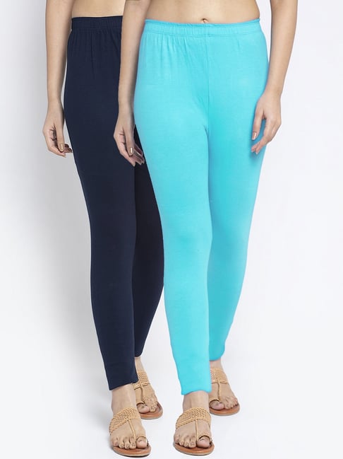 Gracit Navy & Aqua Blue Mid Rise Leggings - Pack Of 2-picture-37