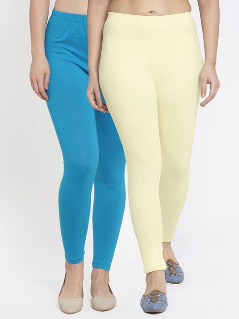 Gracit Blue & Cream Mid Rise Leggings - Pack Of 2-picture-11