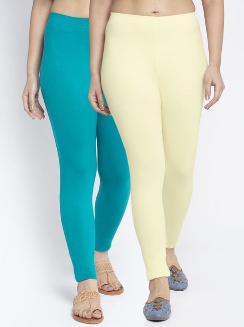 Gracit Cream & Blue Mid Rise Leggings - Pack Of 2-picture-12