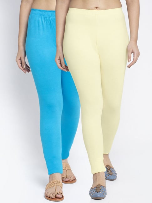 Gracit Cream & Blue Mid Rise Leggings - Pack Of 2-picture-14