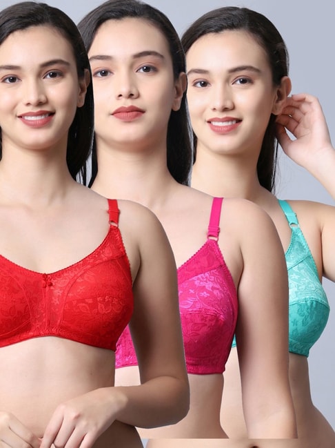 Buy Gracit Red & Pink Self Pattern Bra - Pack Of 3 for Women