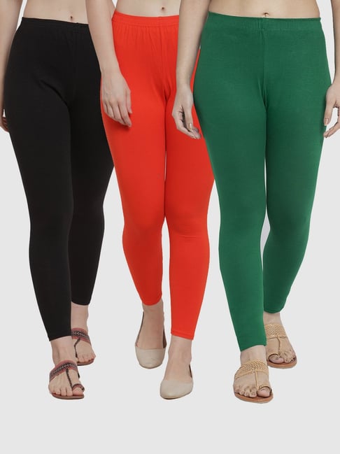 Buy Gracit Black & Orange Mid Rise Leggings - Pack Of 3 for Women