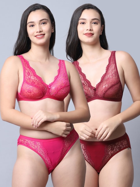 Buy Gracit Pink & Maroon Self Pattern Bra Panty Set - Pack Of 2