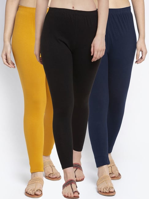 Gracit Black & Navy Mid Rise Leggings - Pack Of 3-picture-20