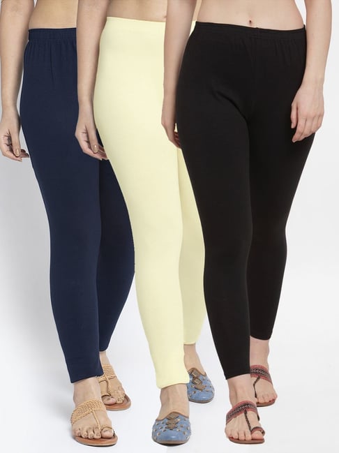 Gracit Black & Navy Mid Rise Leggings - Pack Of 3-picture-22