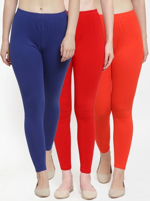 Buy Gracit Red & Blue Mid Rise Leggings - Pack Of 3 for Women