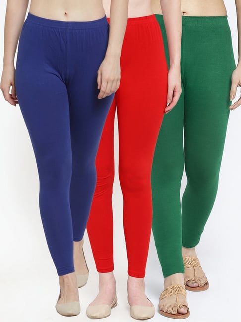 Buy Gracit Red & Blue Mid Rise Leggings - Pack Of 3 for Women