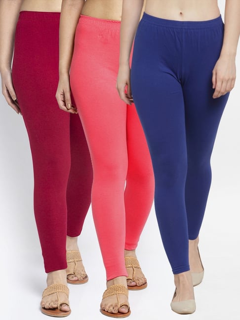 Gracit Blue & Maroon Mid Rise Leggings - Pack Of 3-picture-28