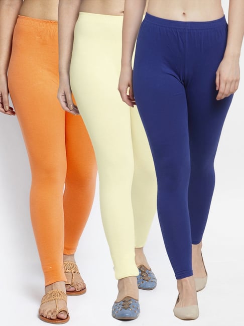 Gracit Blue & Cream Mid Rise Leggings - Pack Of 3-picture-16