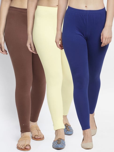 Gracit Blue & Cream Mid Rise Leggings - Pack Of 3-picture-18