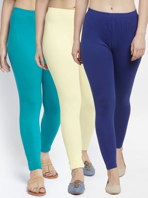 Gracit Blue & Cream Mid Rise Leggings - Pack Of 3-picture-20