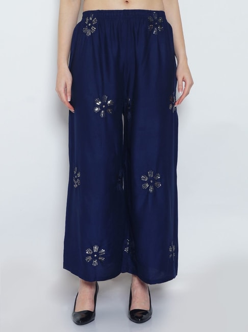 Gracit Navy Embroidered Palazzos