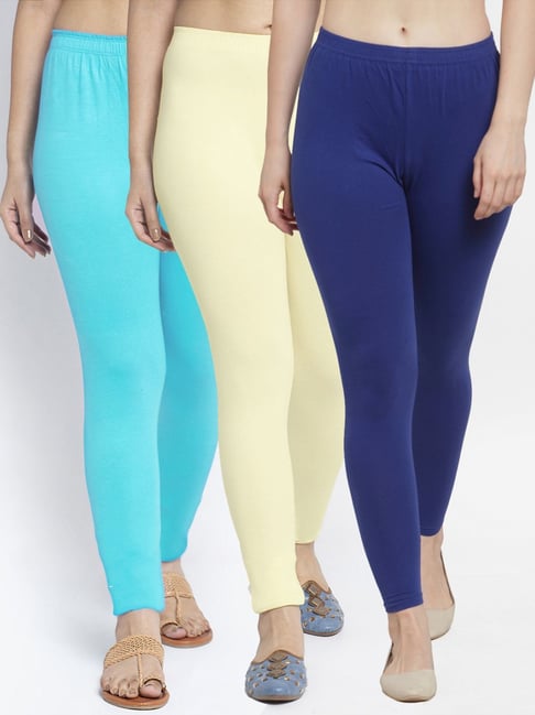 Gracit Blue & Cream Mid Rise Leggings - Pack Of 3-picture-22