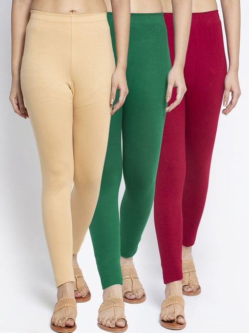 Gracit Beige & Green Mid Rise Leggings - Pack Of 3-picture-15
