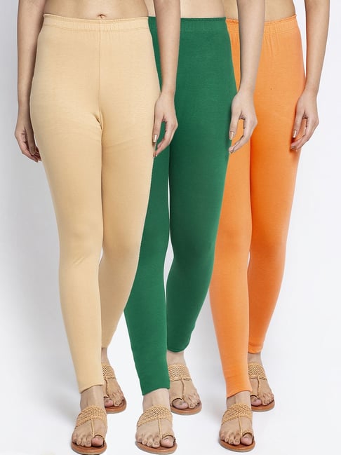 Gracit Beige & Green Mid Rise Leggings - Pack Of 3-picture-41