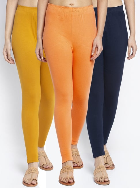 Gracit Navy & Mustard Mid Rise Leggings - Pack Of 3-picture-45