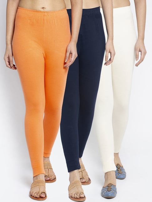 Gracit Navy & Off-White Mid Rise Leggings - Pack Of 3-picture-21