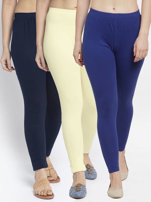 Gracit Blue & Cream Mid Rise Leggings - Pack Of 3-picture-23