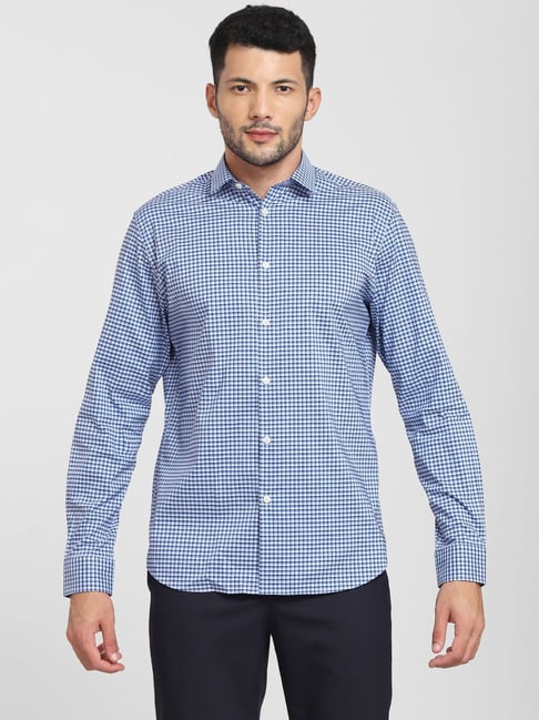 selected homme blue bonnet cotton slim fit checks shirt