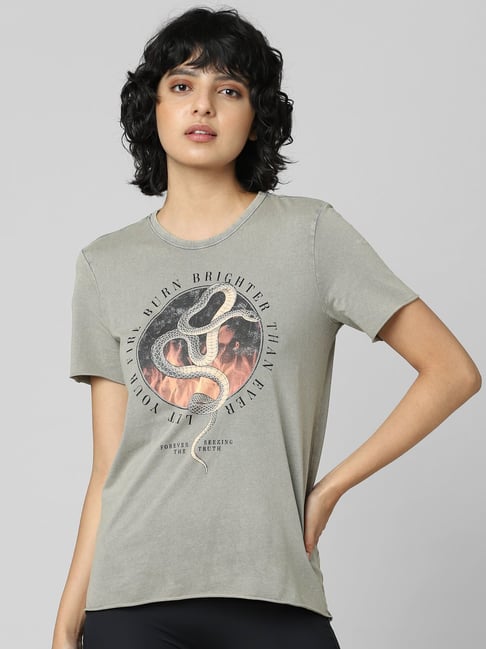 Only Grey Cotton Graphic Print T-Shirt