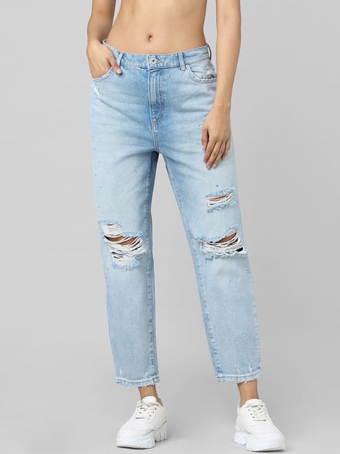 Only Light Blue Cotton Embellished Jeans