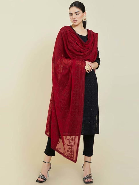 Soch Maroon Embroidered Dupatta