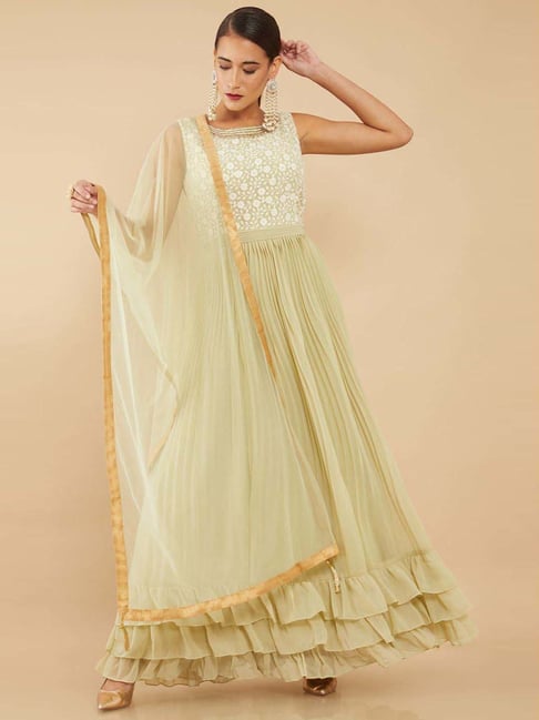 Soch Green Embroidered Gown Churidar Set With Dupatta