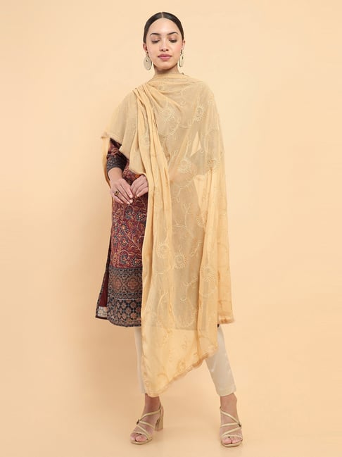 Soch Beige Cotton Embroidered Dupatta