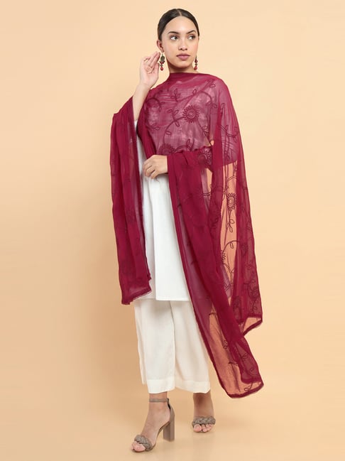 Soch Maroon Cotton Embroidered Dupatta