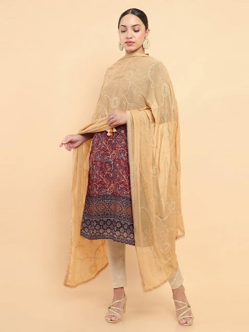 Soch Beige Cotton Embroidered Dupatta