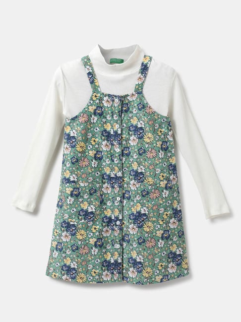 United Colors of Benetton Kids Green & White Floral Print Full Sleeves Dress with T-Shirt