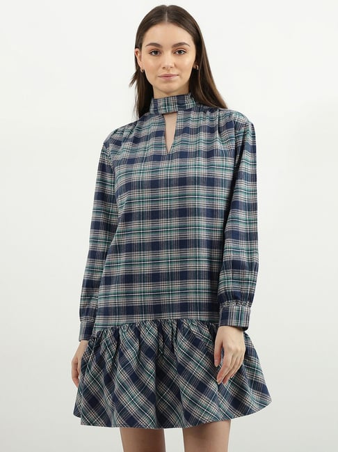 United Colors of Benetton Blue Check A Line Dress Price in India
