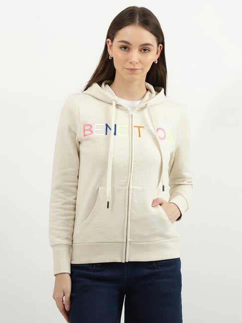 United Colors of Benetton Off White Embroidered Hoodie