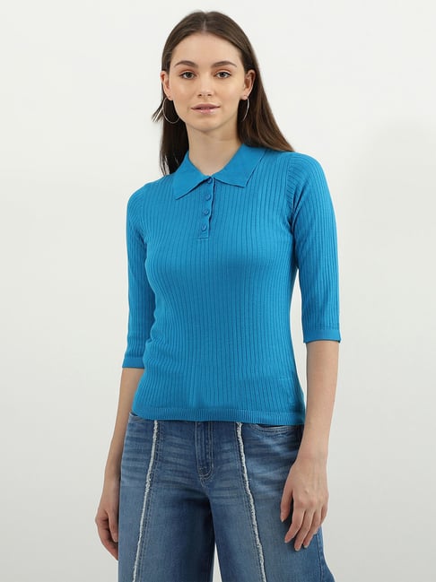 United Colors of Benetton Blue Self Design Sweat Top