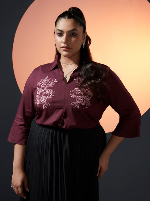 Gia Curves by Westside Maroon Floral Design Shirt Price in India