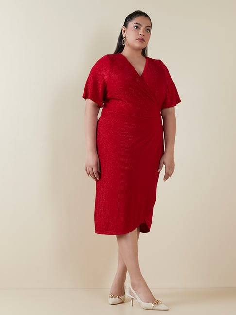 Gia Curves by Westside Red Shimmer Wrap Dress Price in India