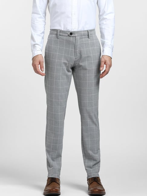 Buy Men Grey Check Slim Fit Formal Trousers Online - 492887 | Peter England