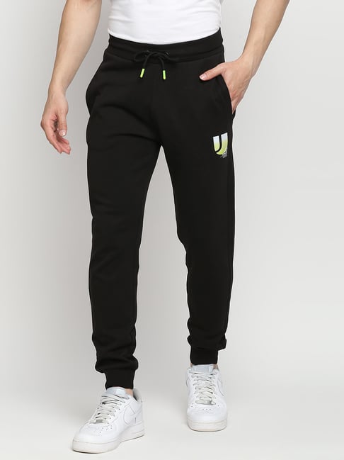 Buy UnderJeans by Spykar Black Cotton Regular Fit Joggers for Men