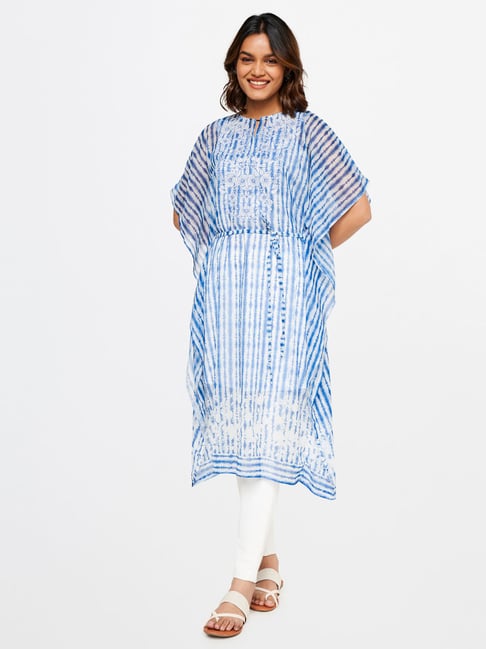 Global Desi Blue Printed A Line Kaftan Kurta