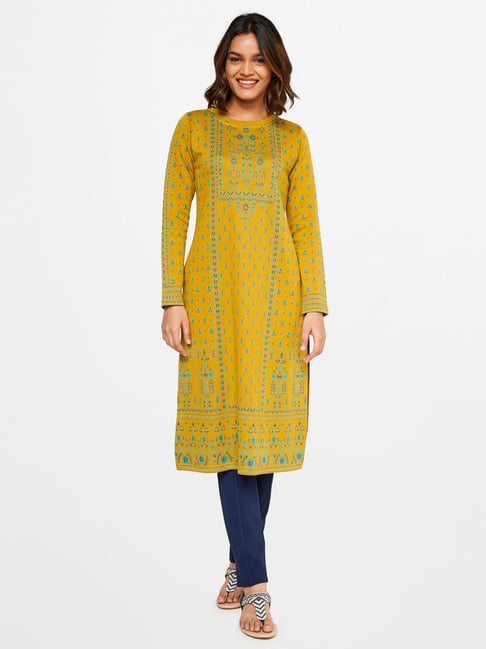 Global Desi Mustard Floral Print Straight Kurta