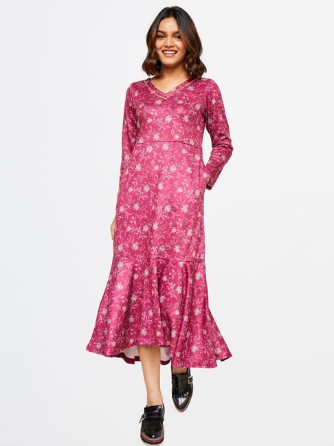 Global Desi Pink Floral Print Midi Dress Price in India
